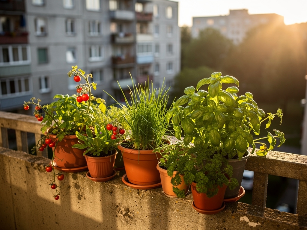 Zielony balkon bloku z roślinami doświadczalnymi
