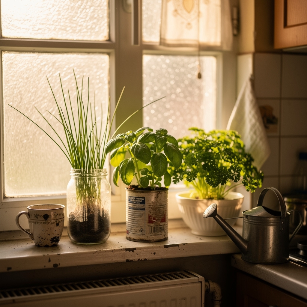 Parapet z ziołami w mieszkaniu w Łodzi
